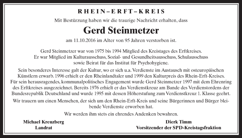  Traueranzeige für Gerd Steinmetzer vom 19.10.2016 aus  Wochenende  Schlossbote/Werbekurier  Werbepost 