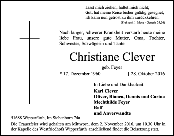 Anzeige von Christiane Clever von Kölner Stadt-Anzeiger / Kölnische Rundschau / Express