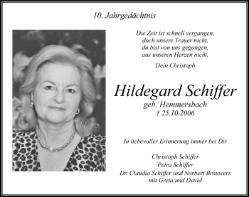 Anzeige von Hildegard Schiffer von Kölner Stadt-Anzeiger / Kölnische Rundschau / Express