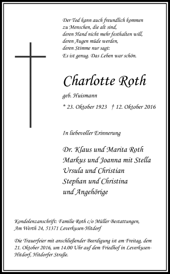 Anzeige von Charlotte Roth von Kölner Stadt-Anzeiger / Kölnische Rundschau / Express