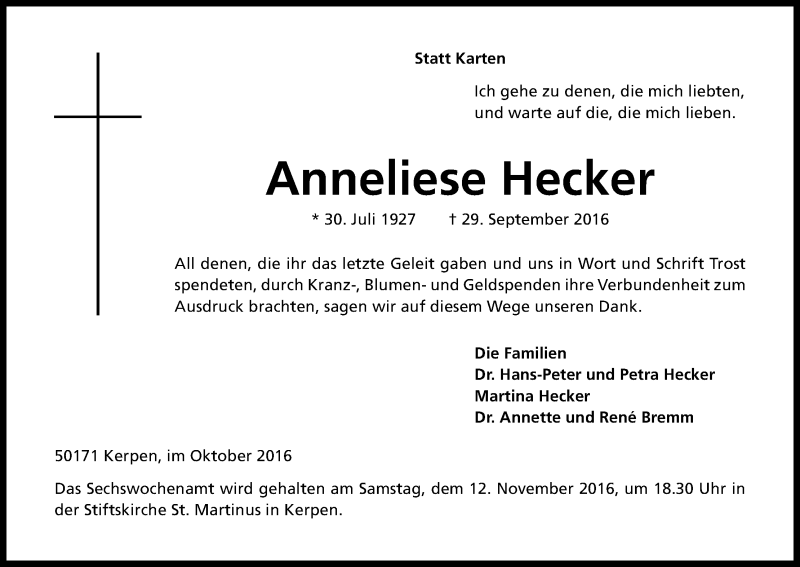  Traueranzeige für Anneliese Hecker vom 29.10.2016 aus Kölner Stadt-Anzeiger / Kölnische Rundschau / Express