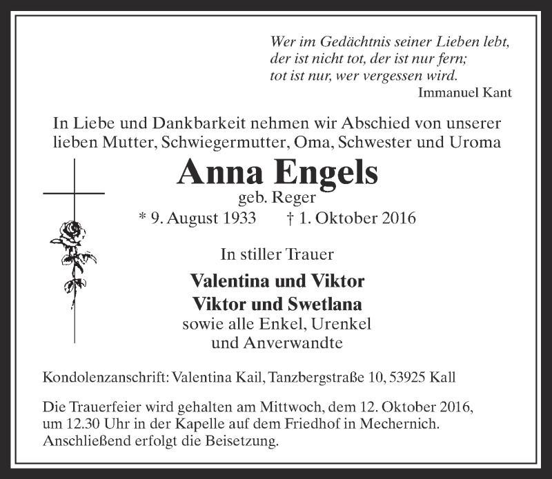  Traueranzeige für Anna Engels vom 08.10.2016 aus  Blickpunkt Euskirchen 