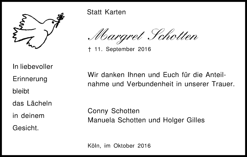  Traueranzeige für Margret Schotten vom 08.10.2016 aus Kölner Stadt-Anzeiger / Kölnische Rundschau / Express