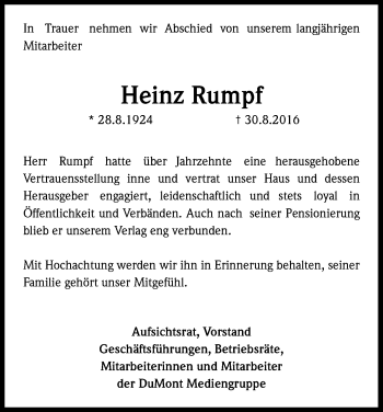 Anzeige von Heinz Rumpf von Kölner Stadt-Anzeiger / Kölnische Rundschau / Express