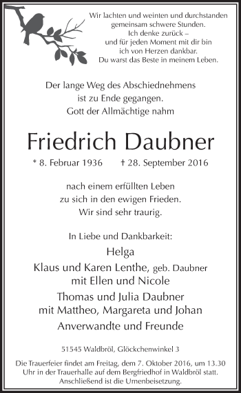 Anzeige von Friedrich Daubner von  Lokalanzeiger 