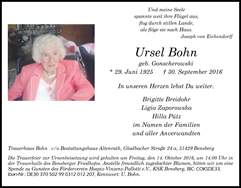  Traueranzeige für Ursel Bohn vom 08.10.2016 aus Kölner Stadt-Anzeiger / Kölnische Rundschau / Express
