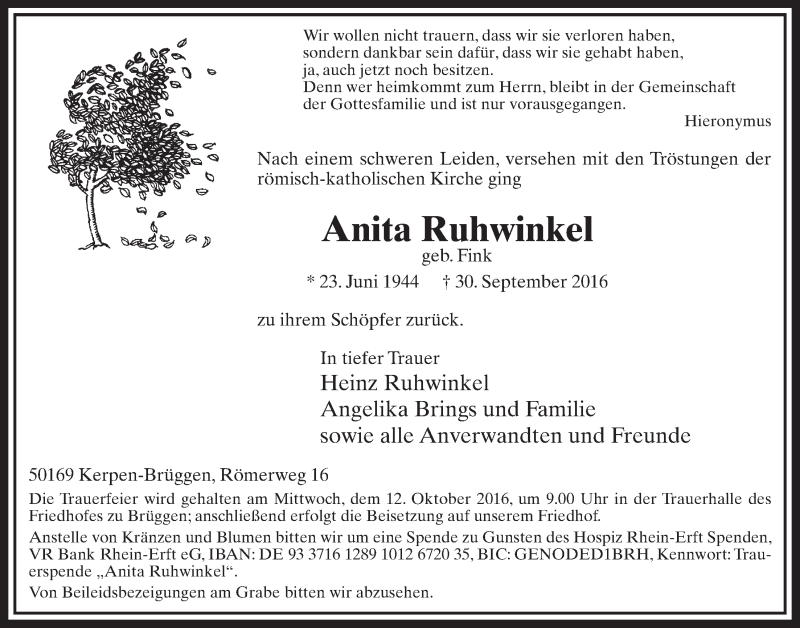  Traueranzeige für Anita Ruhwinkel vom 08.10.2016 aus  Sonntags-Post 