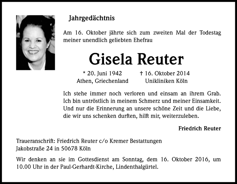  Traueranzeige für Gisela Reuter vom 15.10.2016 aus Kölner Stadt-Anzeiger / Kölnische Rundschau / Express