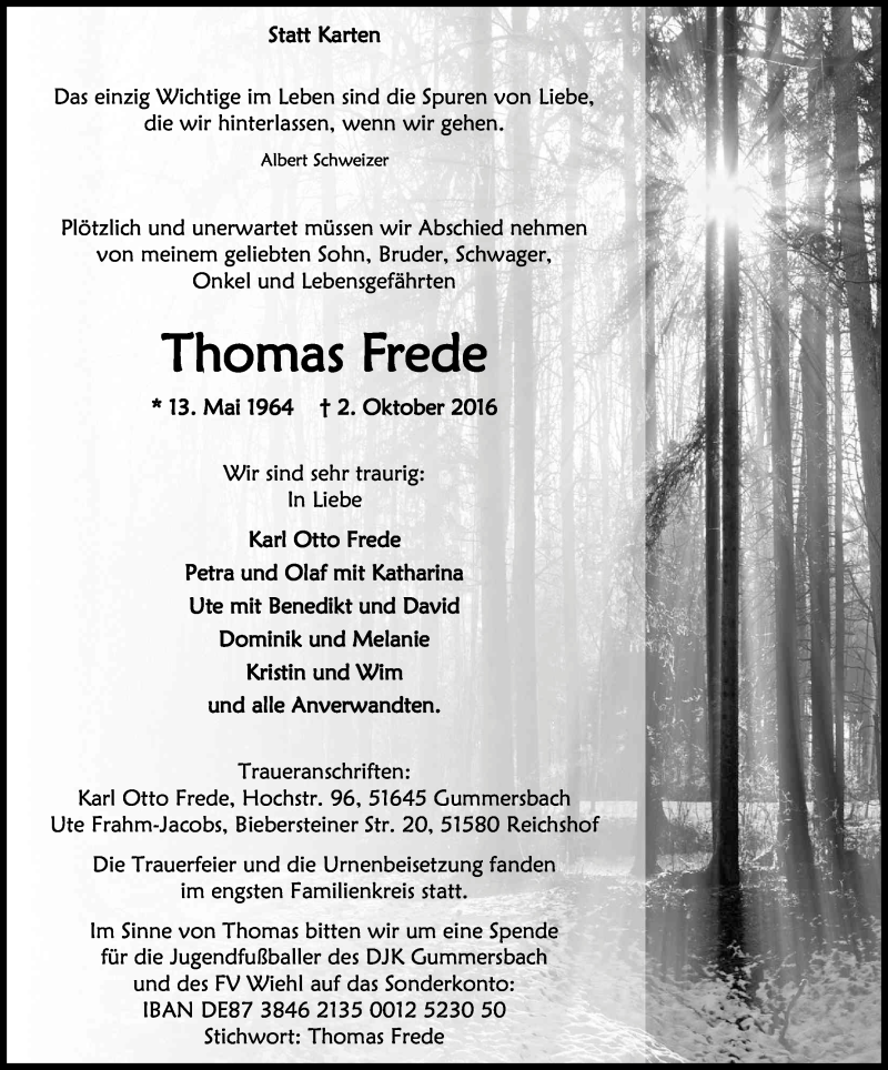  Traueranzeige für Thomas Frede vom 15.10.2016 aus Kölner Stadt-Anzeiger / Kölnische Rundschau / Express