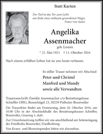 Anzeige von Angelika Assenmacher von  Sonntags-Post 