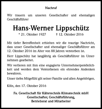 Anzeige von Hans-Werner Lippschütz von Kölner Stadt-Anzeiger / Kölnische Rundschau / Express