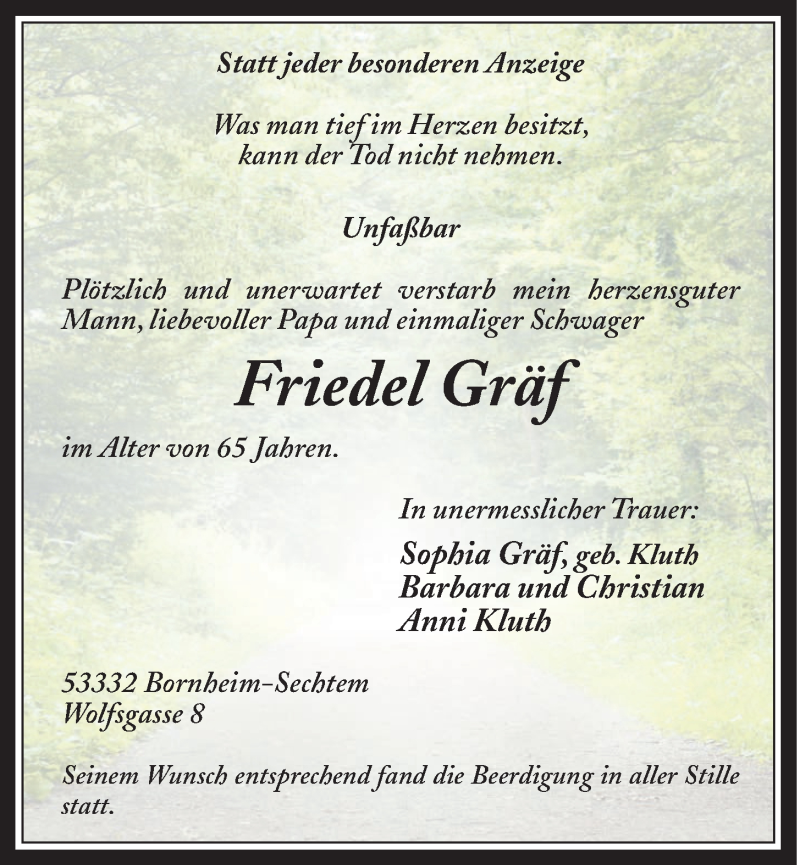 Traueranzeige für Friedel Gräf vom 12.10.2016 aus  Schaufenster/Blickpunkt 