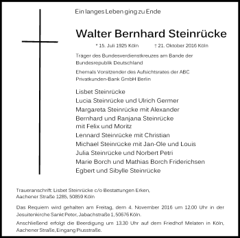 Anzeige von Walter Bernhard Steinrücke von Kölner Stadt-Anzeiger / Kölnische Rundschau / Express