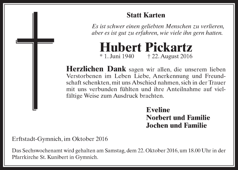  Traueranzeige für Hubert Pickartz vom 19.10.2016 aus  Werbepost 