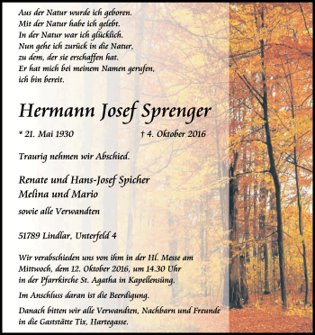Anzeige von Hermann Josef Sprenger von Kölner Stadt-Anzeiger / Kölnische Rundschau / Express