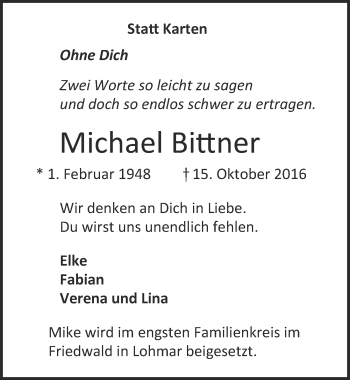 Anzeige von Michael Bittner von  Kölner Wochenspiegel 