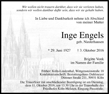Anzeige von Inge Engels von Kölner Stadt-Anzeiger / Kölnische Rundschau / Express