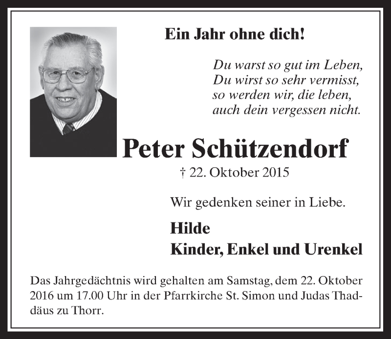  Traueranzeige für Peter Schützendorf vom 19.10.2016 aus  Werbepost 