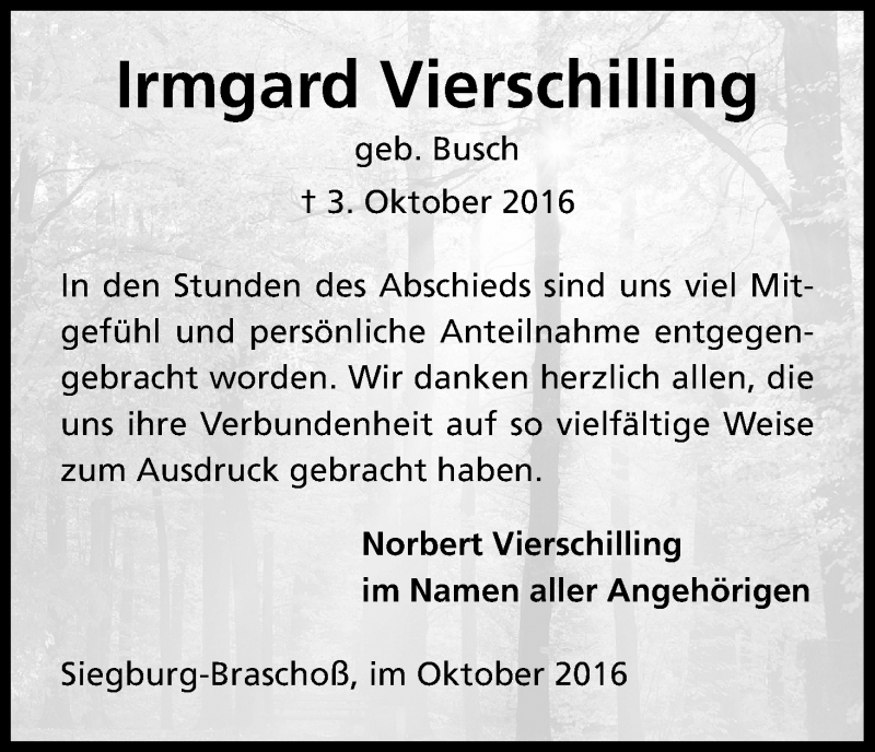  Traueranzeige für Irmgard Vierschilling vom 28.10.2016 aus Kölner Stadt-Anzeiger / Kölnische Rundschau / Express