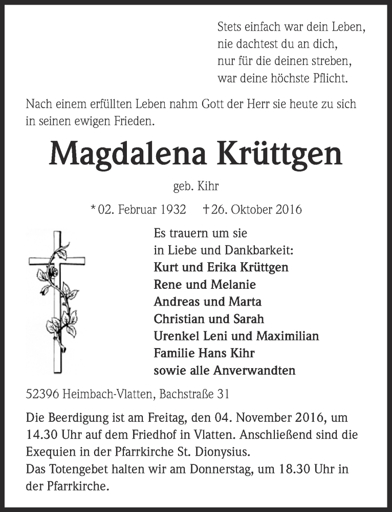 Traueranzeige für Magdalena Krüttgen vom 29.10.2016 aus  Blickpunkt Euskirchen 