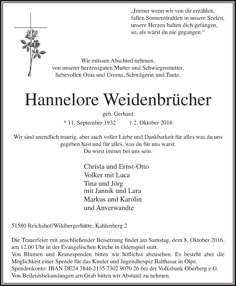  Traueranzeige für Hannelore Weidenbrücher vom 05.10.2016 aus  Anzeigen Echo  Lokalanzeiger 