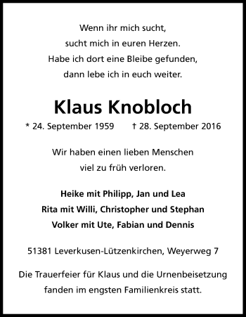 Anzeige von Klaus Knobloch von Kölner Stadt-Anzeiger / Kölnische Rundschau / Express