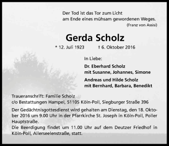 Anzeige von Gerda Scholz von Kölner Stadt-Anzeiger / Kölnische Rundschau / Express