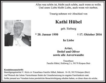 Anzeige von Kathi Hübel von  Sonntags-Post 