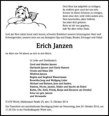 Anzeige von Erich Janzen von Kölner Stadt-Anzeiger / Kölnische Rundschau / Express