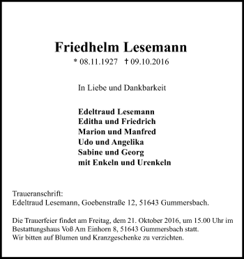 Anzeige von Friedhelm Lesemann von Kölner Stadt-Anzeiger / Kölnische Rundschau / Express