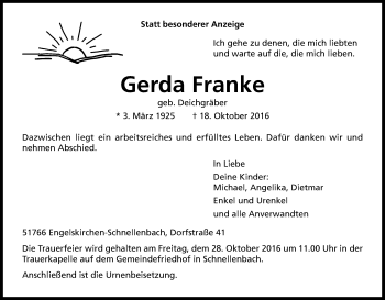 Anzeige von Gerda Franke von Kölner Stadt-Anzeiger / Kölnische Rundschau / Express