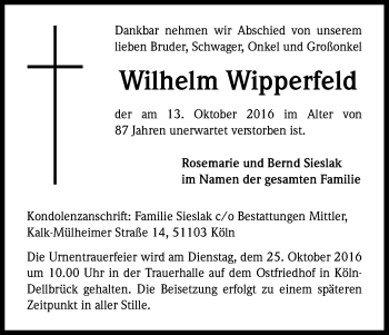 Anzeige von Wilhelm Wipperfeld von Kölner Stadt-Anzeiger / Kölnische Rundschau / Express