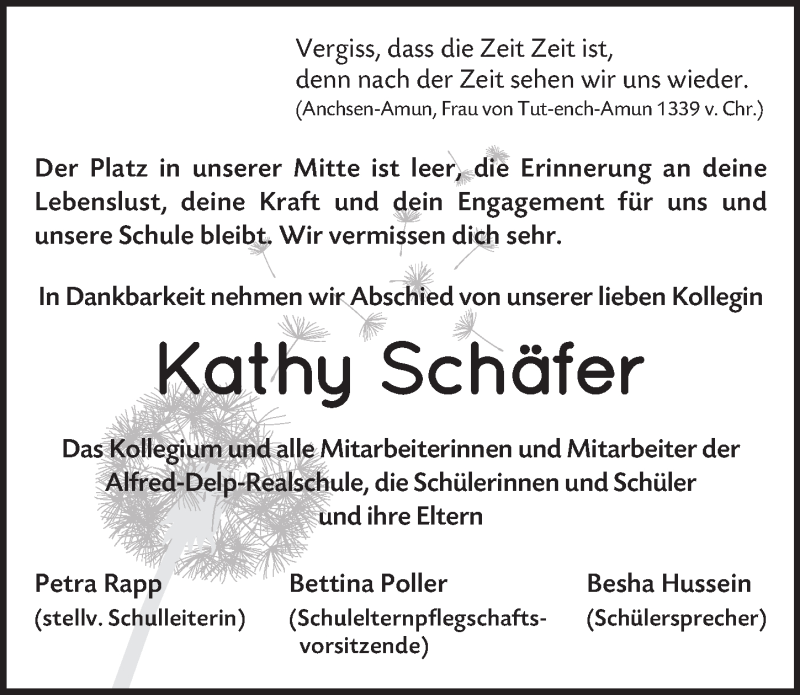  Traueranzeige für Kathy Schäfer vom 29.10.2016 aus  Rhein-Sieg-Wochenende 