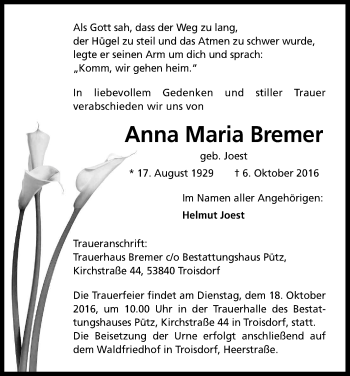 Anzeige von Anna Maria Bremer von Kölner Stadt-Anzeiger / Kölnische Rundschau / Express