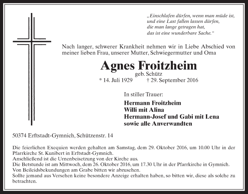  Traueranzeige für Agnes Froitzheim vom 26.10.2016 aus  Werbepost 