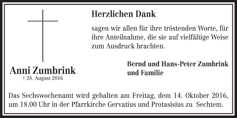  Traueranzeige für Anni Zumbrink vom 05.10.2016 aus  Schlossbote/Werbekurier 