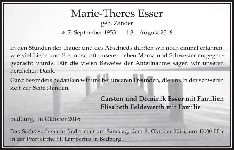  Traueranzeige für Marie-Theres Esser vom 05.10.2016 aus  Werbepost 