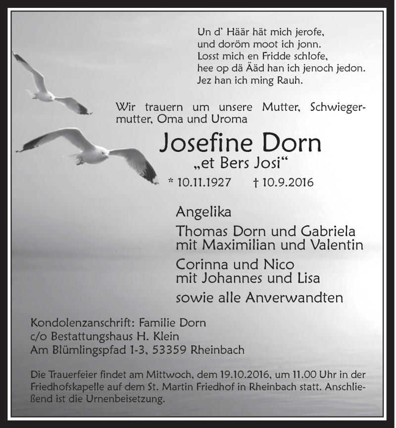  Traueranzeige für Josefine Dorn vom 12.10.2016 aus  Schaufenster/Blickpunkt 