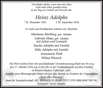 Anzeige von Heinz Adolphs von  Sonntags-Post 