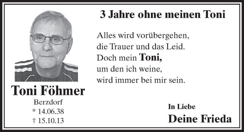  Traueranzeige für Toni Föhmer vom 12.10.2016 aus  Schlossbote/Werbekurier 