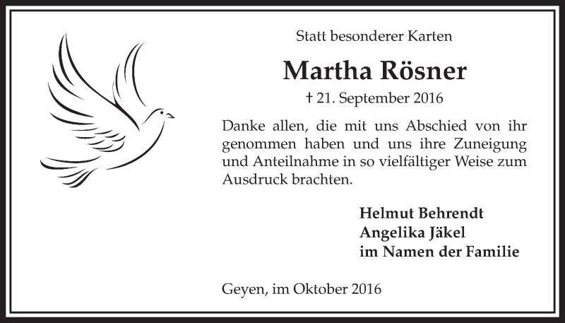  Traueranzeige für Martha Rösner vom 29.10.2016 aus  Sonntags-Post 
