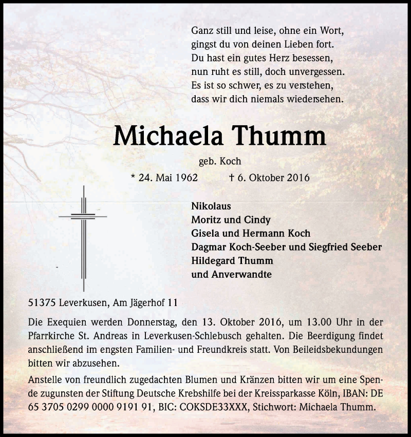  Traueranzeige für Michaela Thumm vom 12.10.2016 aus Kölner Stadt-Anzeiger / Kölnische Rundschau / Express