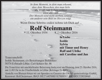 Anzeige von Rolf Steinmann von  Sonntags-Post 