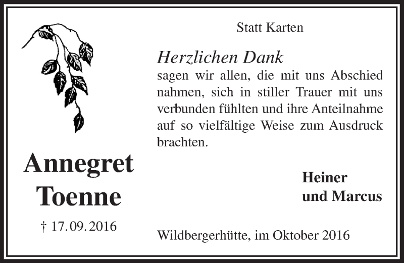  Traueranzeige für Annegret Toenne vom 05.10.2016 aus  Lokalanzeiger 