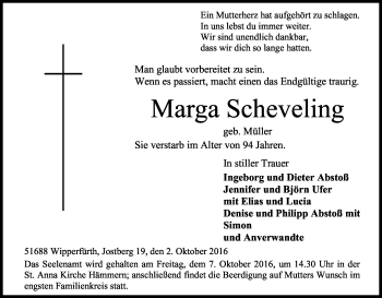 Anzeige von Marga Scheveling von Kölner Stadt-Anzeiger / Kölnische Rundschau / Express