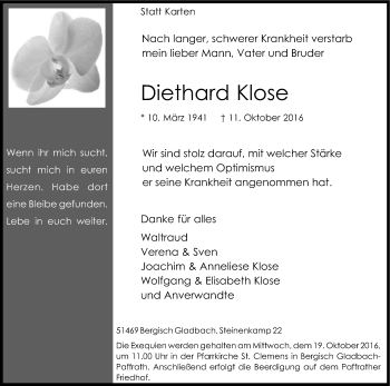 Anzeige von Diethard Klose von Kölner Stadt-Anzeiger / Kölnische Rundschau / Express