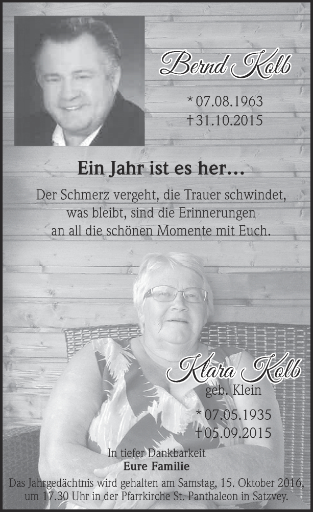  Traueranzeige für Bernd und Klara Kolb vom 08.10.2016 aus  Blickpunkt Euskirchen 