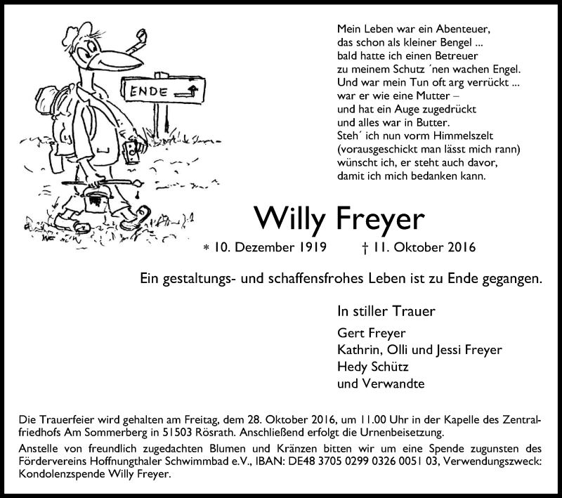  Traueranzeige für Willy Freyer vom 22.10.2016 aus Kölner Stadt-Anzeiger / Kölnische Rundschau / Express