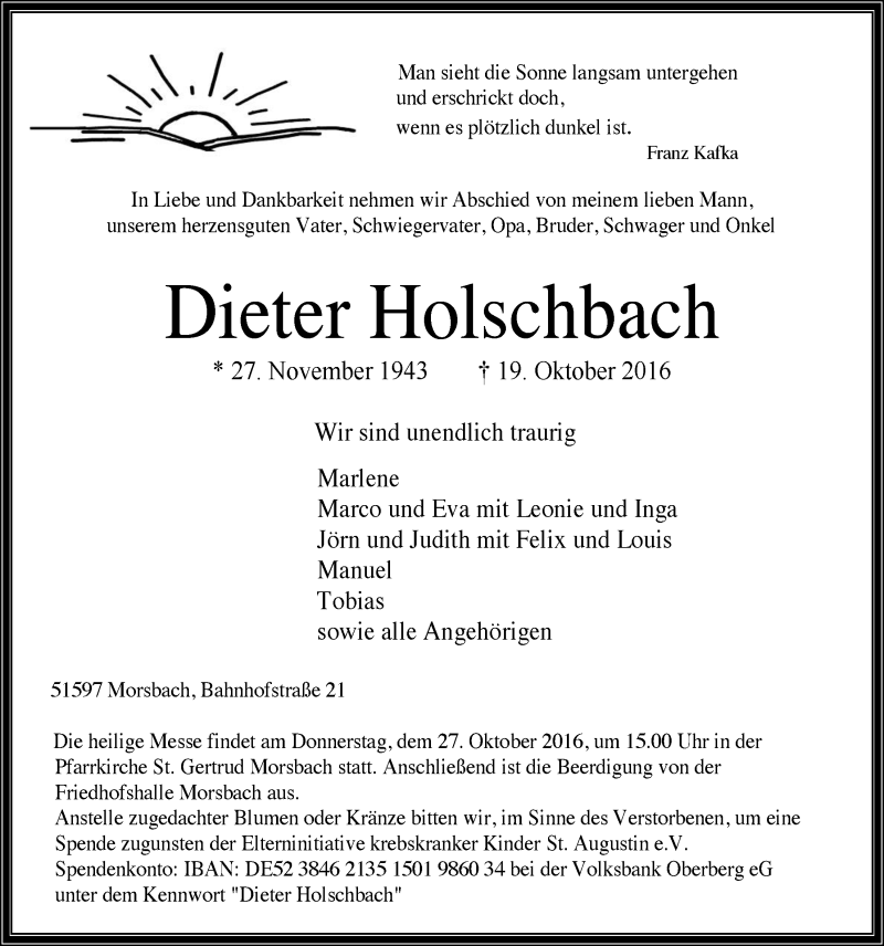  Traueranzeige für Dieter Holschbach vom 26.10.2016 aus  Lokalanzeiger 