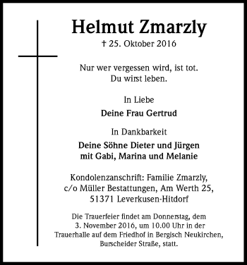 Anzeige von Helmut Zmarzly von Kölner Stadt-Anzeiger / Kölnische Rundschau / Express